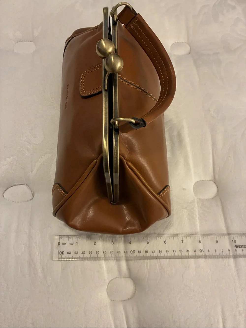 Structured Tan Leather Kiss-Lock Wristlet Clutch